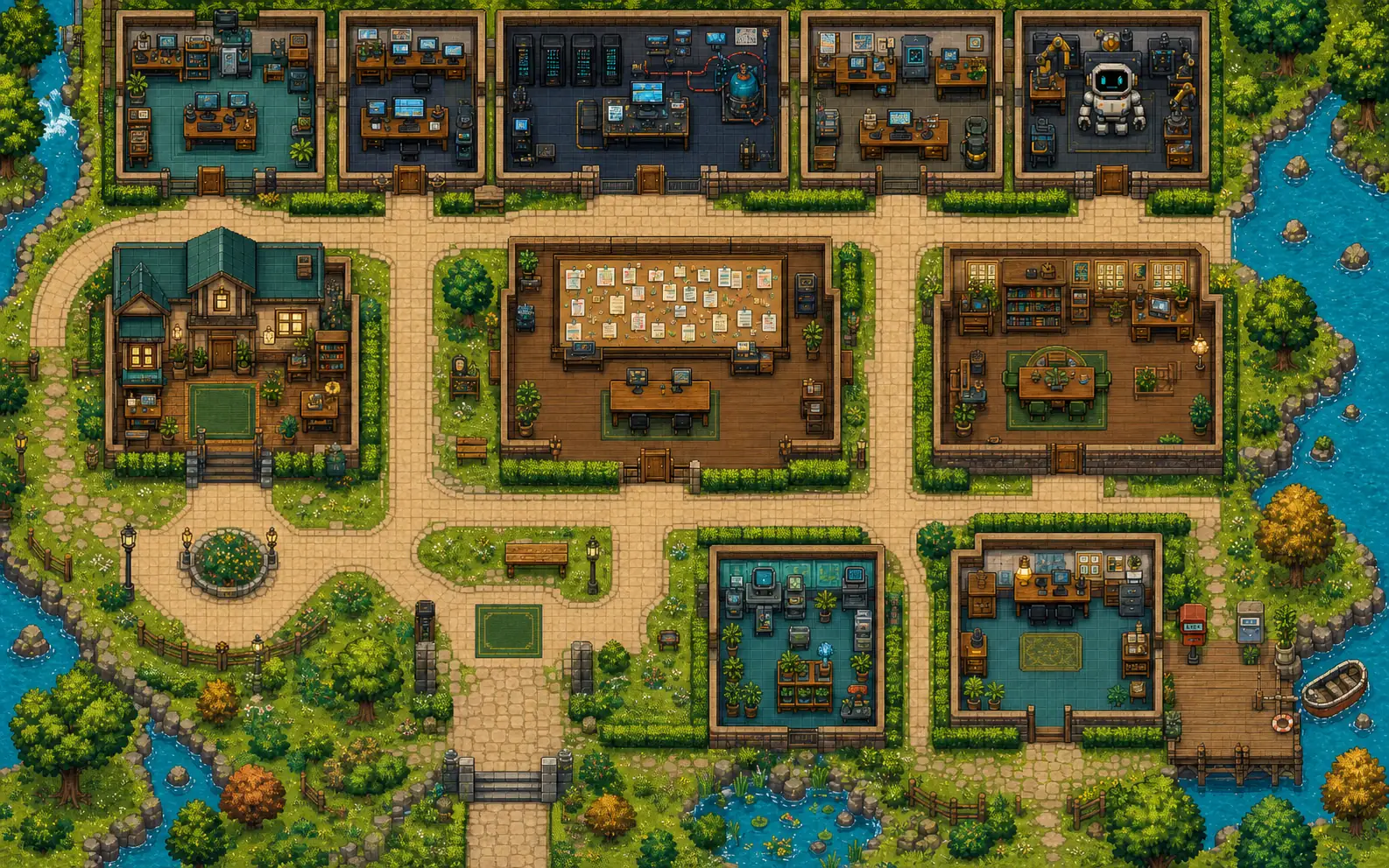 Top-down portfolio map with rooms for projects, writing, experience, and contact